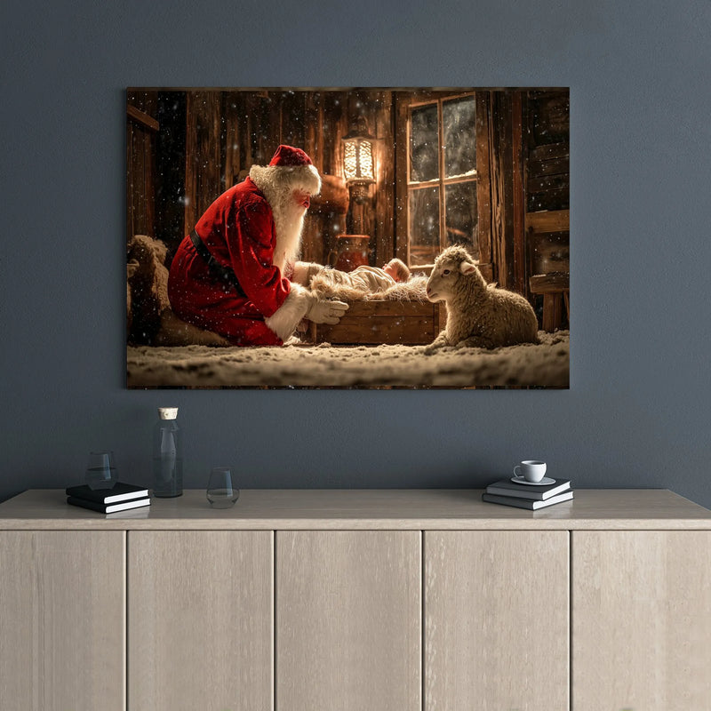 Rustic Stable Christmas Wall Art, Santa Kneeling Nativity Wall Art, Christian Nativity Scene Wall Art, Holiday Decor, Printable Download
