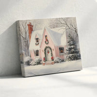 Snowy Winter Landscape Canvas Print, Pink Christmas Cottage Canvas Wall Art, Vintage Holiday Wall Decor, Comfy Seasonal Home Decor Present
