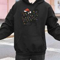 Adorable Santa Hat Kitten Hooded Sweatshirt, Black Cat Christmas Hoodie, Holiday String Lights Cat Hoodie, Winter Animal Lover Present Pullover