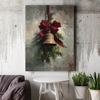 Red Ribbon Pine Branch Oil Painting Poster, Vintage Christmas Bell Wall Art, Festive Winter Holiday Print, Digital Download Seasonal Decor