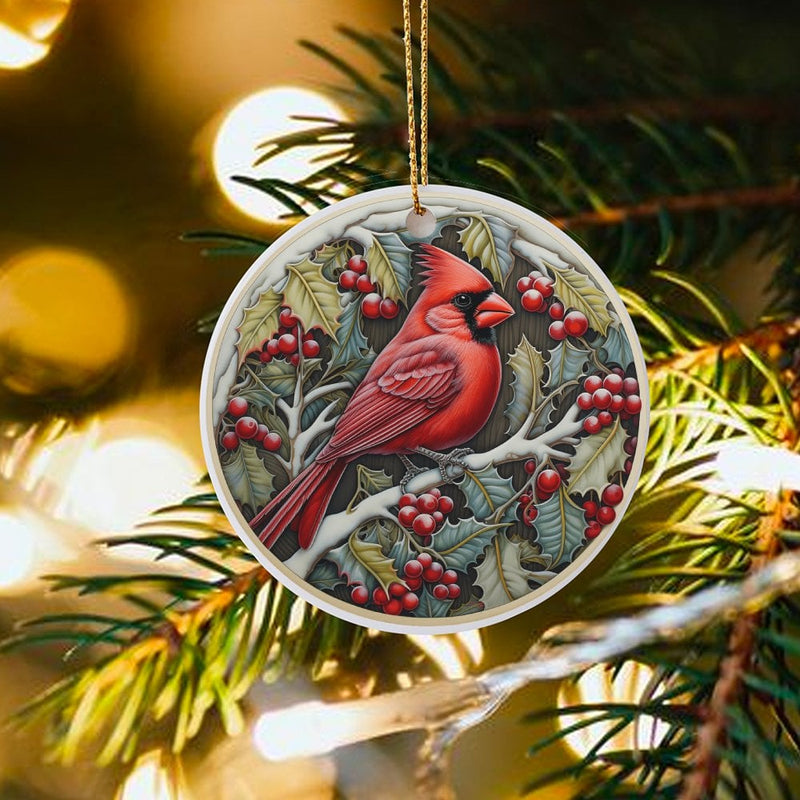 Winter Holly Branch Bird Ornament, Red Cardinal Ceramic Ornament, Nature Christmas Tree Decor, Holiday Keepsake Present for Bird Lovers