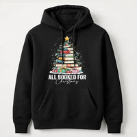 Festive Book Tree Graphic Sweatshirt, All Booked for Christmas Hoodie, Adorable Bookish Holiday Pullover, Librarian Christmas Hoodie