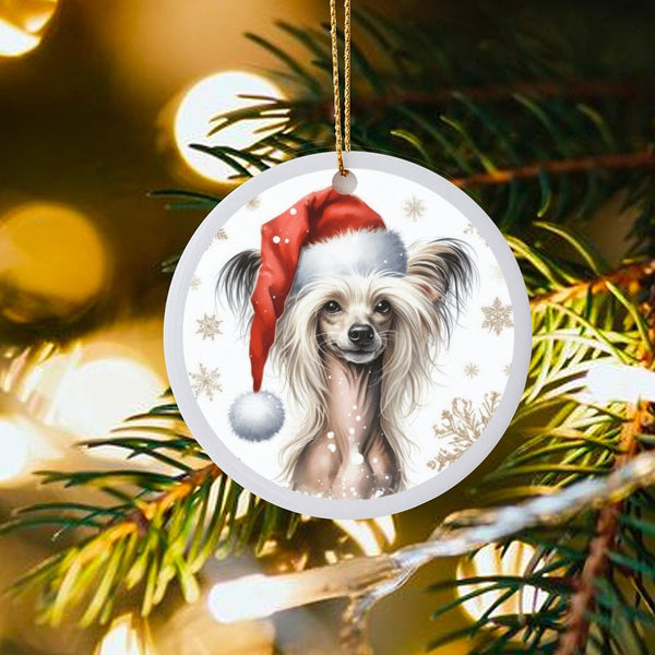 Santa Hat Puppy Ceramic Ornament, Chinese Crested Dog Christmas Ornament, Pet Lover Holiday Tree Ornament, Xmas Keepsake Dog 