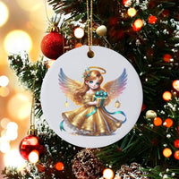 Gold Dress Guardian Angel Ornament, Christmas Angel Ornament, Whimsical Holiday Tree Decor, Ceramic Religious Keepsake, Faith Xmas Present