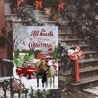 Winter Farmhouse Holiday Yard Flag, All Hearts Come Home for Christmas Horse Garden Flag, Rustic Equestrian Lawn Flag, Horse Lover Present