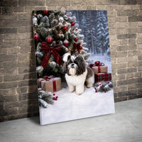 Snowy Holiday Dog Portrait Canvas Print, Shih Tzu Christmas Canvas Wall Art, Christmas Tree Puppy Canvas Art, Dog Lover Holiday Wall Decor