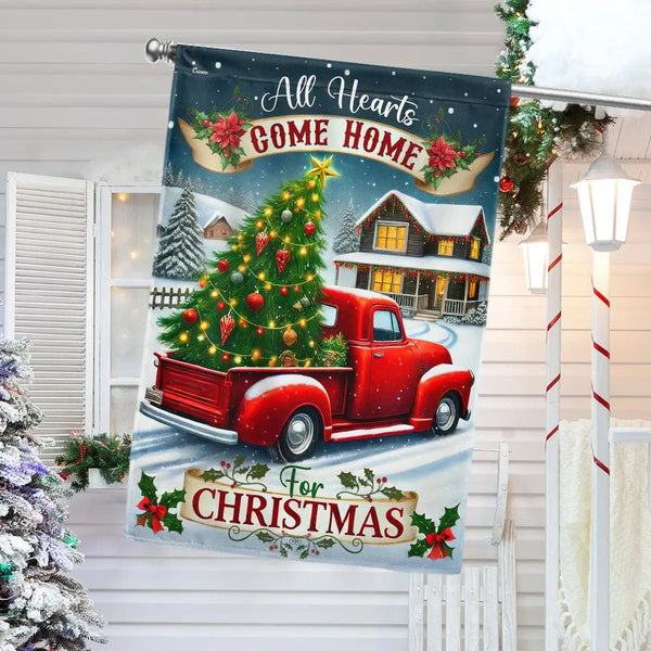 All Hearts Come Home for Christmas Yard Flag, Christmas Red Truck Garden Flag, Vintage Red Truck Holiday Garden Flag, Winter 
