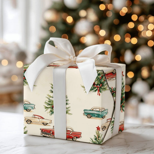 Retro 1950s Holiday Gift Wrap, Vintage Car Christmas Wrapping Paper, Classic Car Tree Wrapping Paper