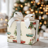 Retro 1950s Holiday Gift Wrap, Vintage Car Christmas Wrapping Paper, Classic Car Tree Wrapping Paper