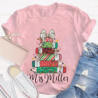 Colorful Crayons Bows Holiday Shirt, Personalized Christmas T-Shirt, Custom Name Kids Xmas Graphic Tee, Festive School Party Shirt