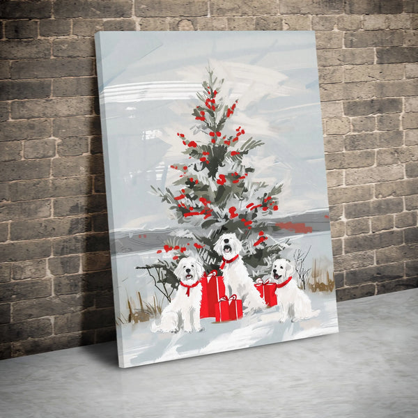 Snowy Holiday Dog Canvas Print, Three White Dogs Christmas Tree Canvas Art, Winter Xmas Tree Wall Decor, Adorable Puppy Canva