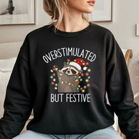 Humorous Xmas Raccoon Sweater, Overstimulated but Festive Raccoon Sweatshirt, Adorable Christmas Lights Crewneck, Ugly Holiday Party Sweater