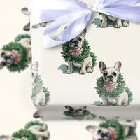 Puppy Wreath Holiday Gift Wrap, French Bulldog Christmas Wrapping Paper, Frenchie Dog Xmas Wrapping Paper