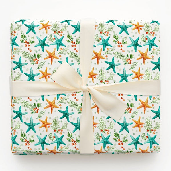 Coastal Christmas Wrapping Paper, Teal and Orange Starfish Wrapping Paper, Beach Holiday Botanical Wrapping Paper, Nautical X