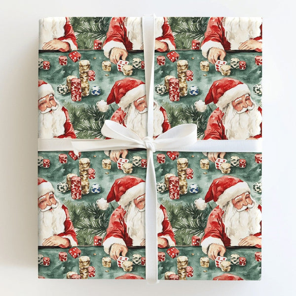 Casino Holiday Gift Wrap, Santa Playing Poker Wrapping Paper, Humorous Christmas Wrapping Paper, Card Player Gift Wrap Roll, 