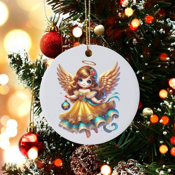 Whimsical Holiday Tree Ornament, Adorable Angel Christmas Ornament, Glossy Ceramic Angel Keepsake Ornament, Winter Decor, Ang