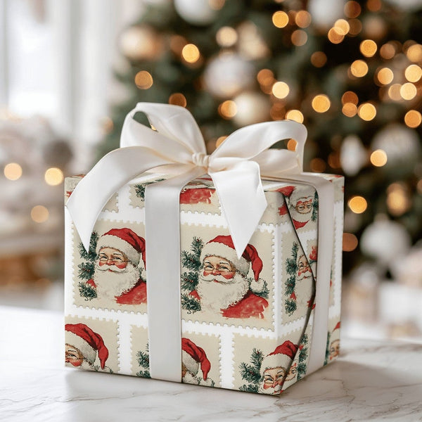 Retro Christmas Wrapping Paper, Vintage Santa Postage Stamp Wrapping Paper, Nostalgic Holiday Gift Wrapping Paper, Classic Xm