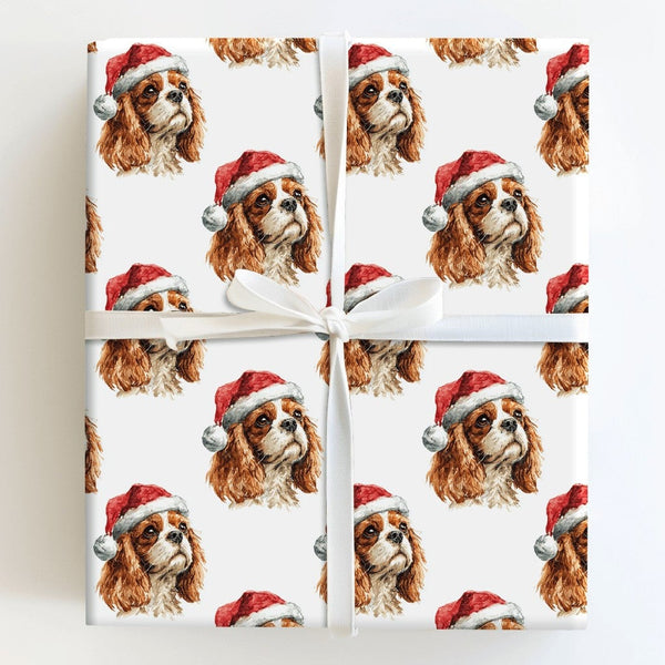 Santa Dog Holiday Gift Wrap, Cavalier King Charles Spaniel Christmas Wrapping Paper, Adorable Spaniel Christmas Paper, Dog Lo