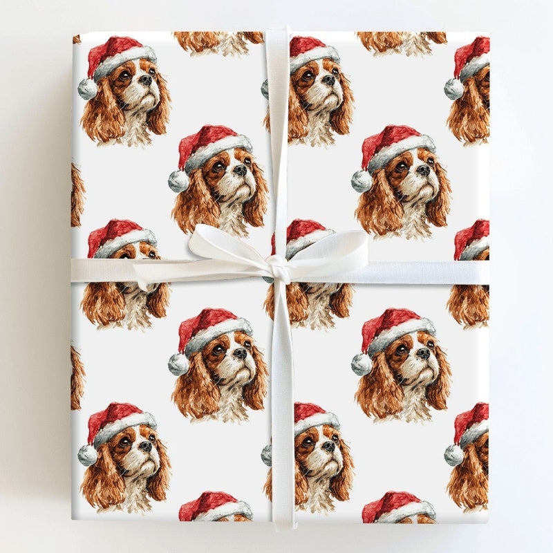 Santa Dog Holiday Gift Wrap, Cavalier King Charles Spaniel Christmas Wrapping Paper, Adorable Spaniel Christmas Paper, Dog Lover Wrapping Paper