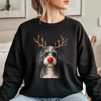 Doodle with Antlers Holiday Sweater, Christmas Reindeer Dog Sweatshirt, Adorable Festive Dog Lover Crewneck, Humorous Winter Pullover Present