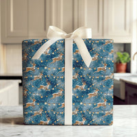 Watercolor Winter Gift Wrap, Leaping Reindeer Christmas Wrapping Paper, String Lights Holiday Wrapping Paper, Dark Blue Reindeer Present Paper