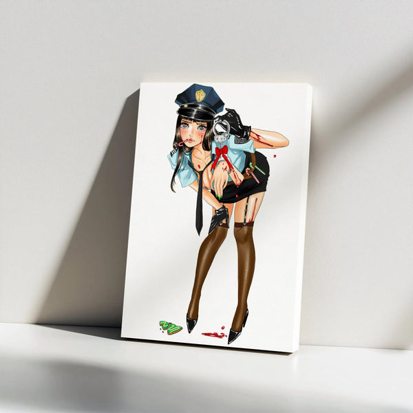 Bloody Christmas Candy Cane Canvas Print, Anime Police Girl Canvas Art, Edgy Holiday Wall Decor, Dark Manga Canvas Wall Art, 