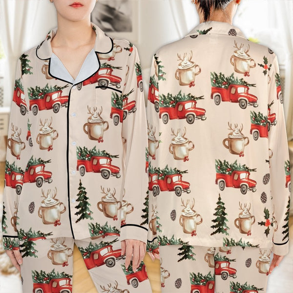 Holiday Mug Print Pajamas, Red Truck Christmas Pajama Set, Winter Festive Satin Pajamas, Comfy Xmas Loungewear Sleep Set, Pre