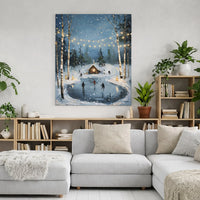 Snowy Cabin Christmas Canvas Print, Winter Ice Skating Canvas Wall Art, Comfy Holiday Wall Decor, Winter Scene Canvas Wall Art