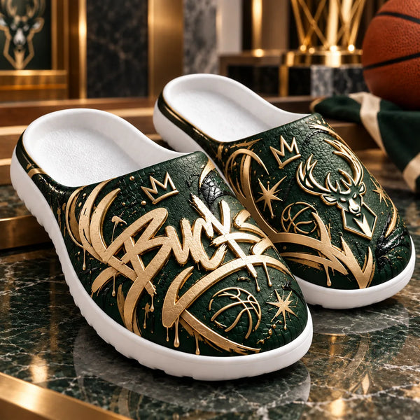 MIL in Gold Script - Green and Cream Graffiti Clogs - main