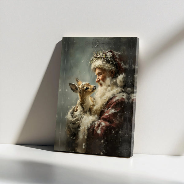 Rustic Christmas Wall Decor, Santa Claus with Baby Deer Canvas Art, Holiday Season Canvas Print, Festive Winter Canvas, Xmas 