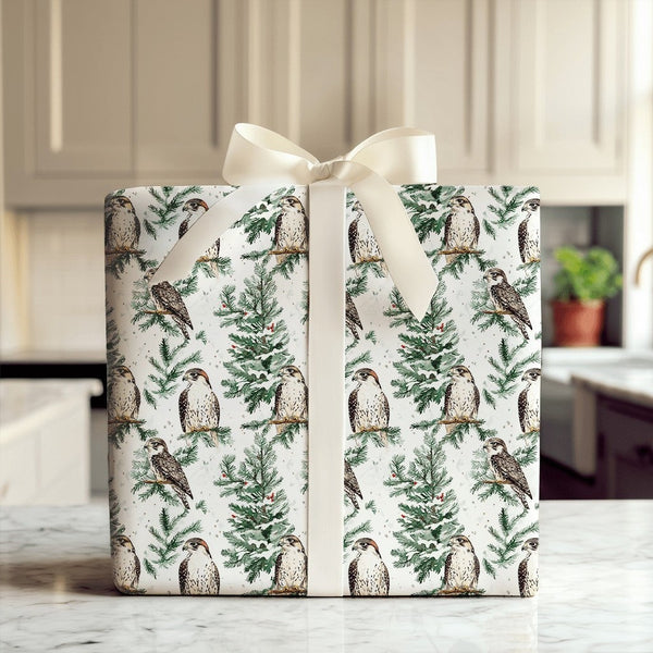 Snowy Pine Tree Bird Gift Wrap, Falcon Christmas Wrapping Paper, Watercolor Hawk Gift Wrapping Paper, Winter Wildlife Holiday