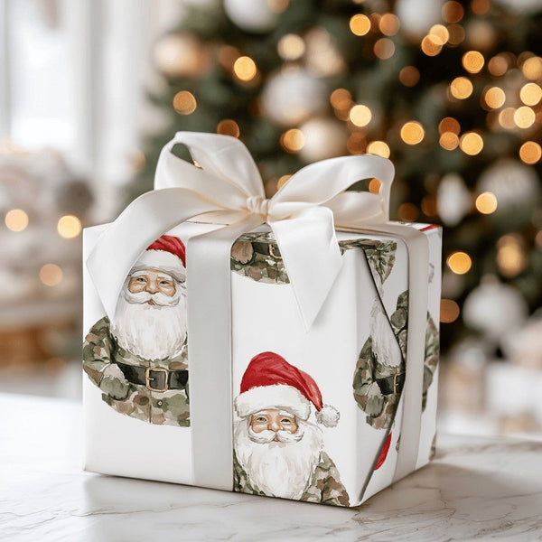 Military Camouflage Gift Wrap, Camo Santa Christmas Wrapping Paper, Patriotic Veteran Holiday Wrapping Paper, Tactical Santa 