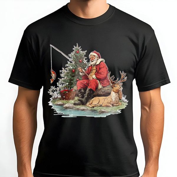 Vintage Outdoorsy Holiday T-Shirt, Fishing Santa Christmas T-Shirt, Humorous Fisherman Graphic T-Shirt, Santa Claus Fishing X