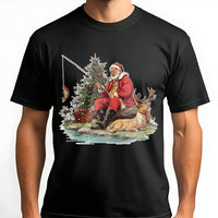 Vintage Outdoorsy Holiday T-Shirt, Fishing Santa Christmas T-Shirt, Humorous Fisherman Graphic T-Shirt, Santa Claus Fishing Xmas Tee