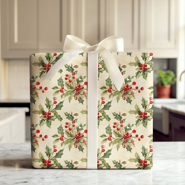 Watercolor Holly Gift Wrap, Vintage Holly Berry Wrapping Paper, Botanical Christmas Wrapping Paper, Festive Holiday Gift Wrap