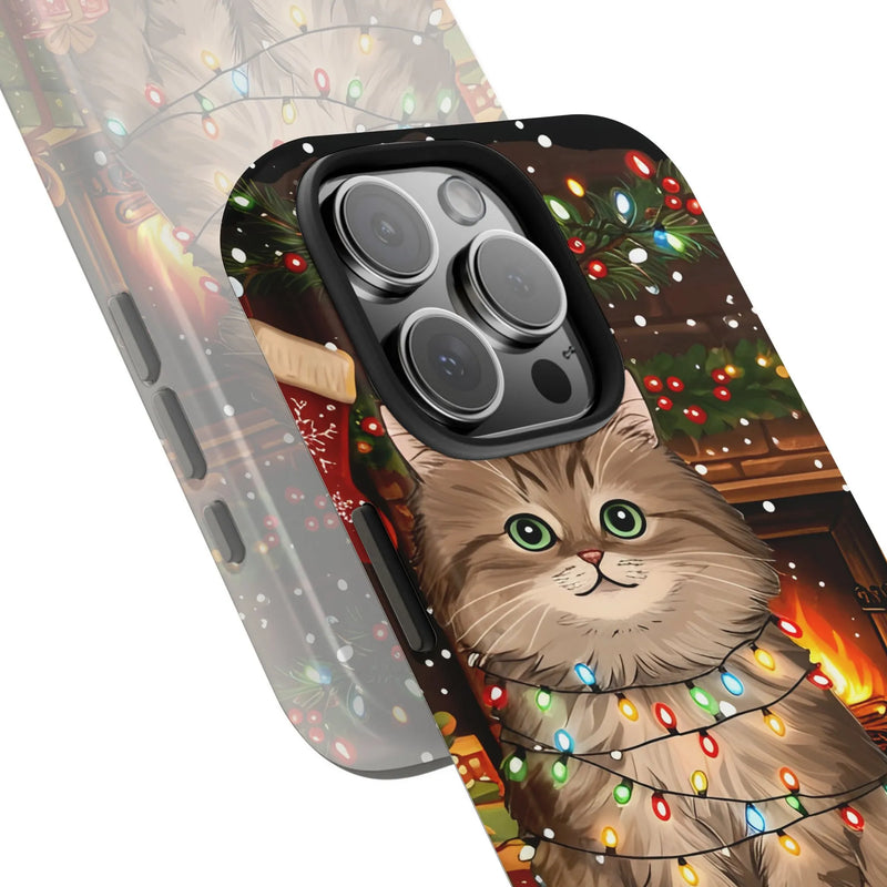 Adorable Kitten Holiday Lights Phone Cover, Christmas Cat Samsung Case, Xmas Samsung S23 S24 Case, Holiday Cat Lover Phone Case