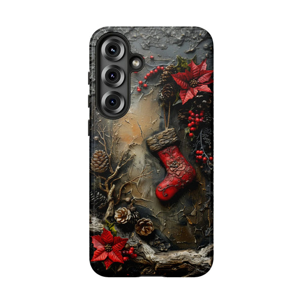 Vintage Poinsettia Floral Holiday Phone Case, Rustic Christmas Stocking Samsung Galaxy Case, Dual Layer Festive Winter Tough 