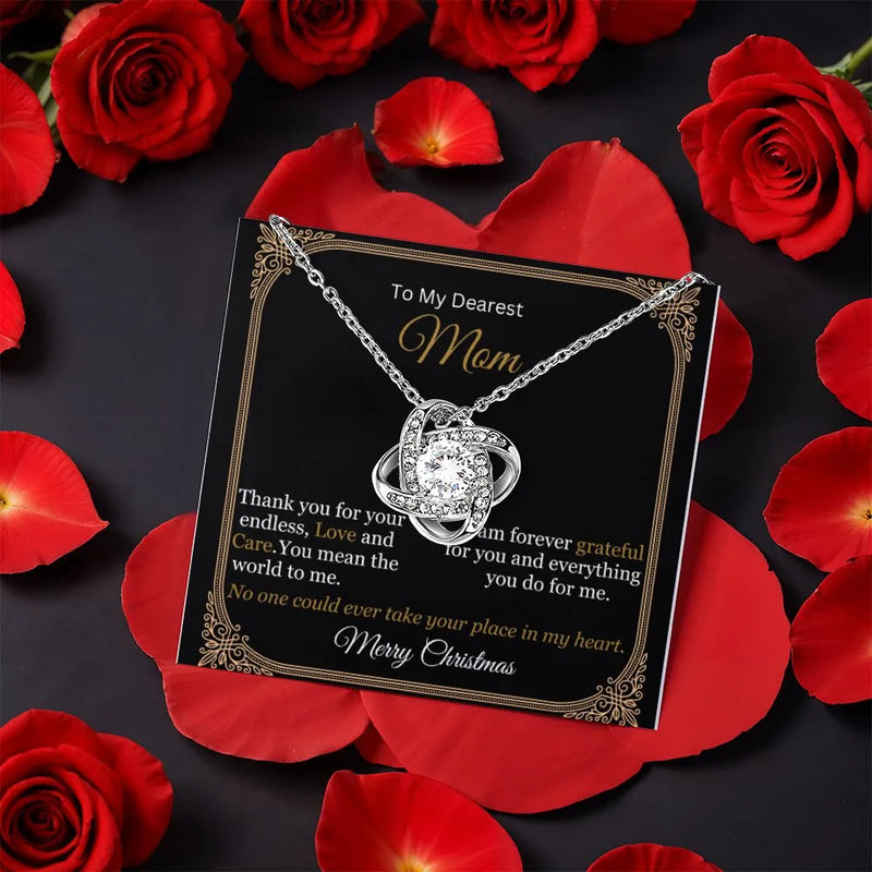 Christmas Mother Pendant Necklace, Love Knot Necklace for Mom, Sparkling CZ Crystal Necklace, Gold Jewelry Present from Daughter, Holiday Present