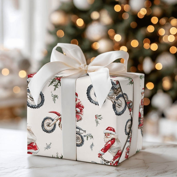 Dirt Bike Santa Claus Gift Wrap, Motocross Santa Christmas Wrapping Paper, Biker Holiday Wrapping Paper, Motorcycle Christmas
