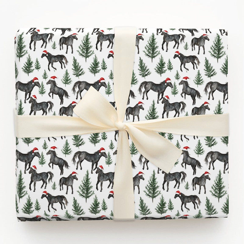 Santa Hat Equestrian Gift Wrap, Black Horse Christmas Wrapping Paper, Watercolor Black Horse Wrapping Paper, Holiday Horse Tree Gift Wrap