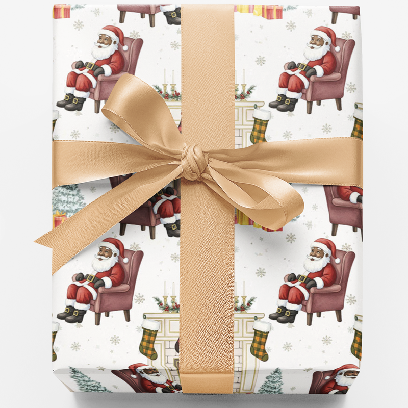 Comfy Christmas Wrapping Paper, Fireside Santa Wrapping Paper, Plaid Santa Holiday Gift Wrap Roll, Classic Winter Present Wrapping Paper