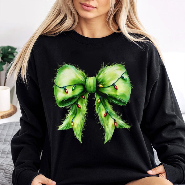 Christmas Lights Coquette Holiday Sweatshirt, Furry Green Bow Sweatshirt, Adorable Xmas Aesthetic Crewneck, Festive Winter Pu