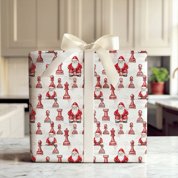 Red Chess Piece Holiday Gift Wrap, Chess Santa Christmas Wrapping Paper, Board Game Lover Xmas Wrapping Paper, Novelty Christ