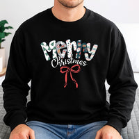 Festive Pattern Bow Sweatshirt, Merry Christmas Sweatshirt, Holiday Red Bow Crewneck, Adorable Xmas Graphic Sweatshirt, Winter Holiday Present