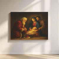 Religious Nativity Scene Canvas Wall Art, Santa Kneeling at Manger Canvas Print, Christian Santa Christmas Canvas Decor, Holy Family Present
