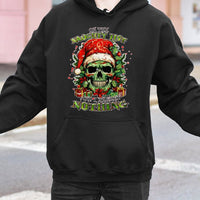 Humorous Grumpy Santa Hooded Sweatshirt, Naughty List Skull Christmas Hoodie, Sarcastic Holiday Skull Hoodie, Dark Humor Xmas Pullover