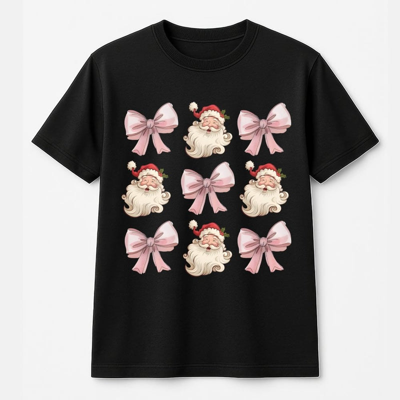 Retro Santa Claus Face Graphic Tee, Christmas Coquette Bow Santa T-Shirt, Pink Holiday Bow Aesthetic Shirt, Adorable Festive Xmas T-Shirt