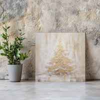Abstract Snowy Winter Painting Canvas Print, Golden Christmas Tree Square Canvas, Elegant Holiday Season Wall Decor, Xmas Present