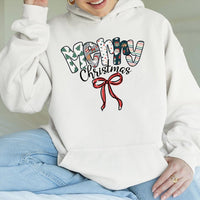 Patterned Lettering Holiday Hoodie, Merry Christmas Hoodie, Festive Winter Graphic Hoodie, Comfy Xmas Pullover Sweatshirt, Holiday Party Present