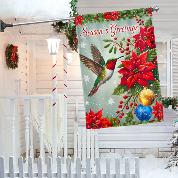 Season's Greetings Poinsettia Yard Flag, Hummingbird Christmas Garden Flag, Double-Sided Floral Lawn Banner, Holiday Outdoor 